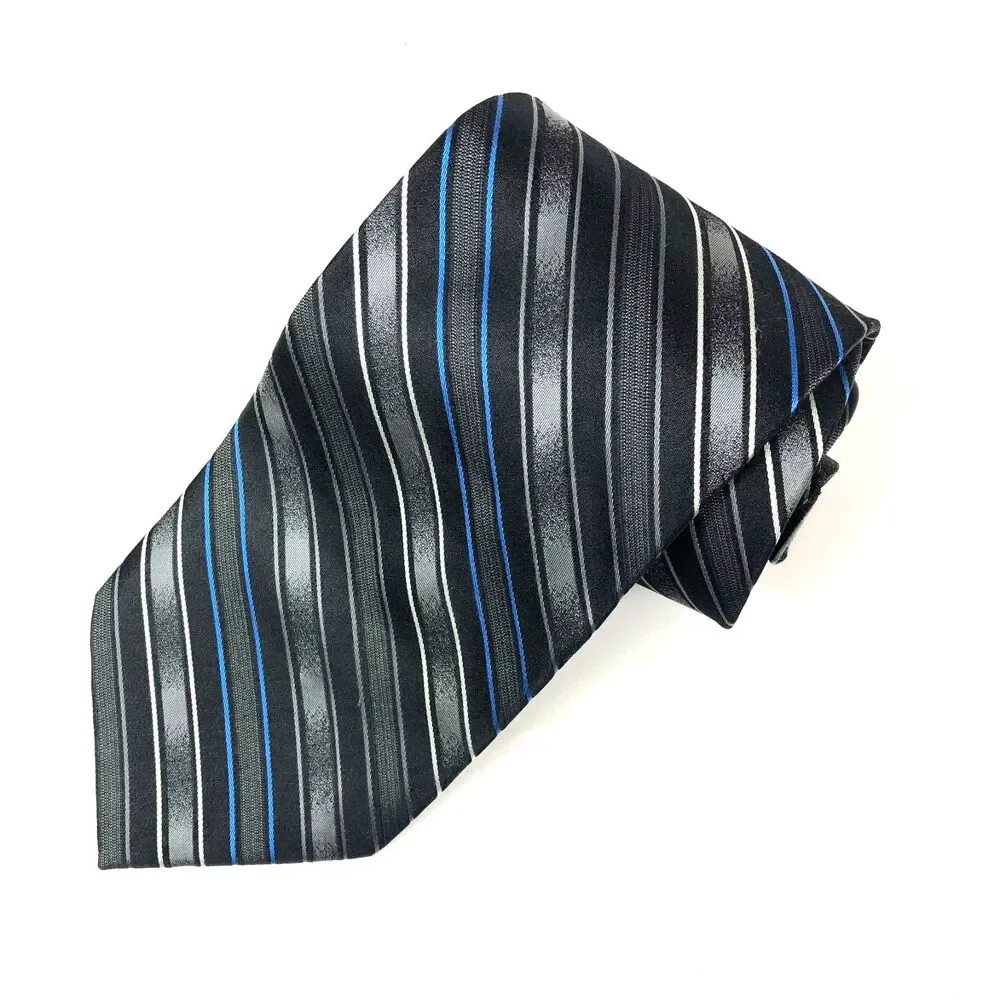Stafford All Silk Tie Black Grey White Thin Blue Line Diagonal Stripe Long XL